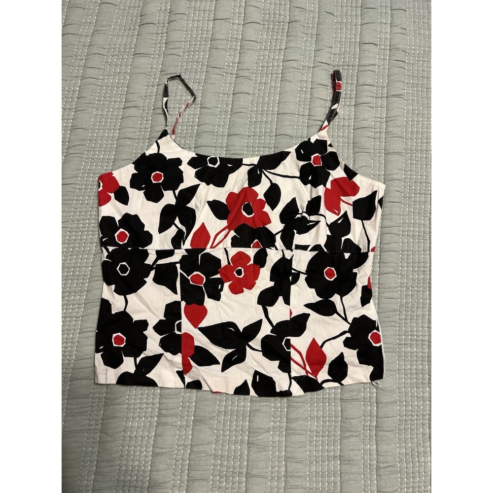 VTG Y2K Rag Floral Red Black White Crop Tank Top Side Zipper Size S/M